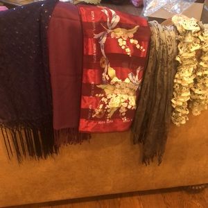 Lot of Five assorted size scarves, wth 1 lg wrap made of various materials.